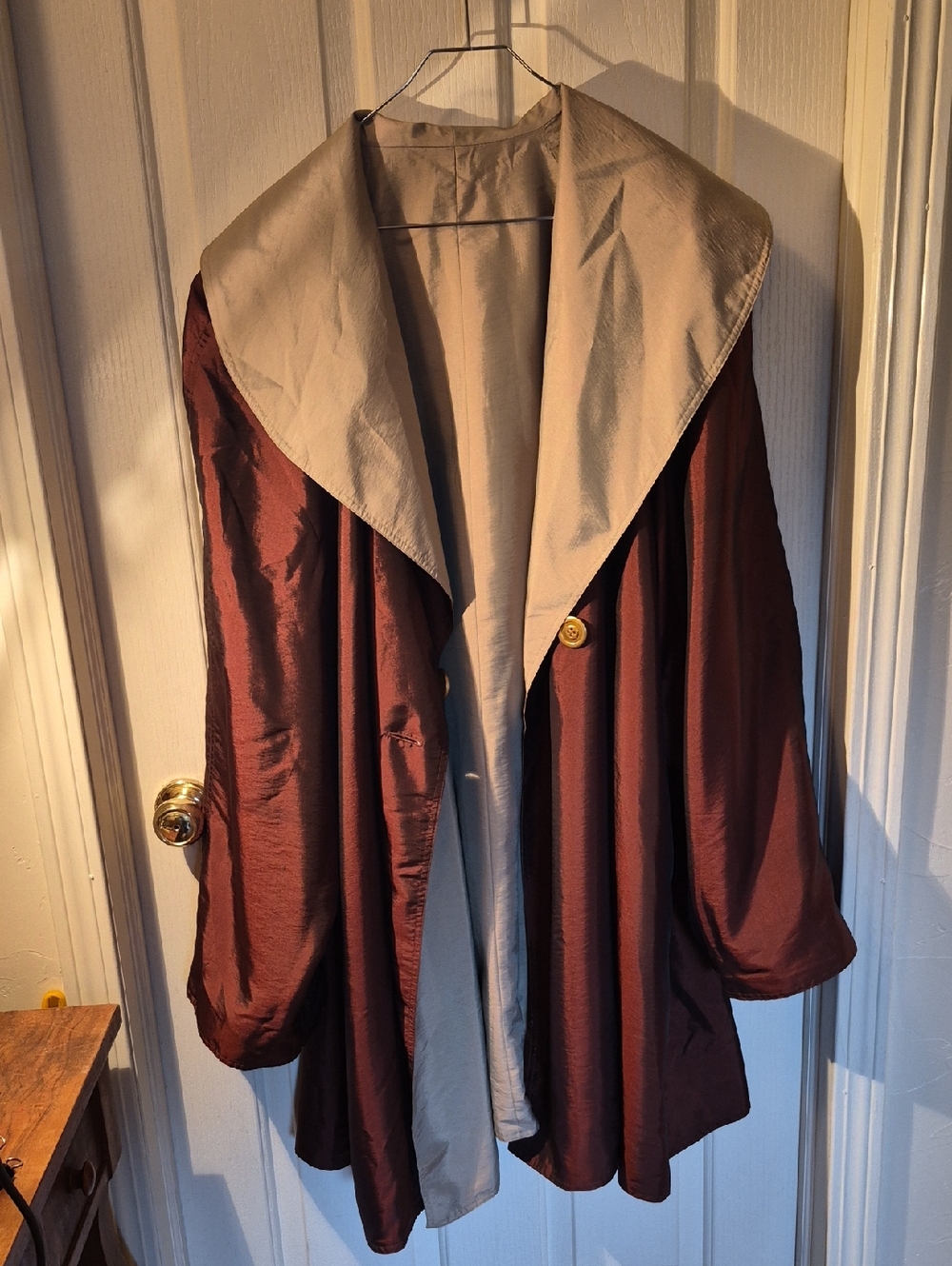 E Style Reversible Two-Tone Swing Coat in Deep Burgundy and Green/Gold